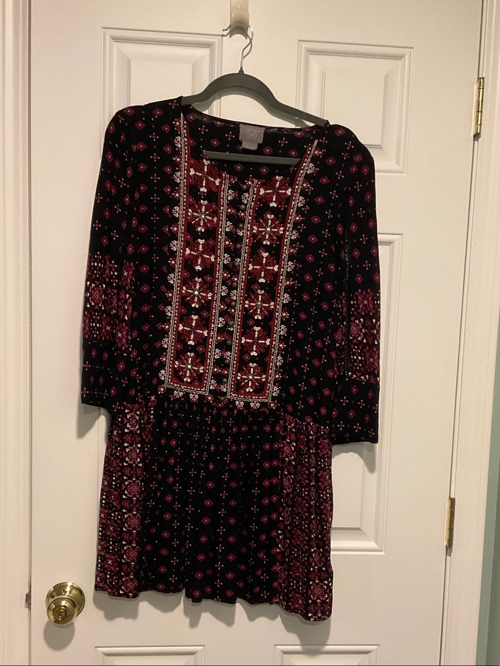 Navy Embroidered Long-Sleeve Tunic Dress with Burgundy Accents